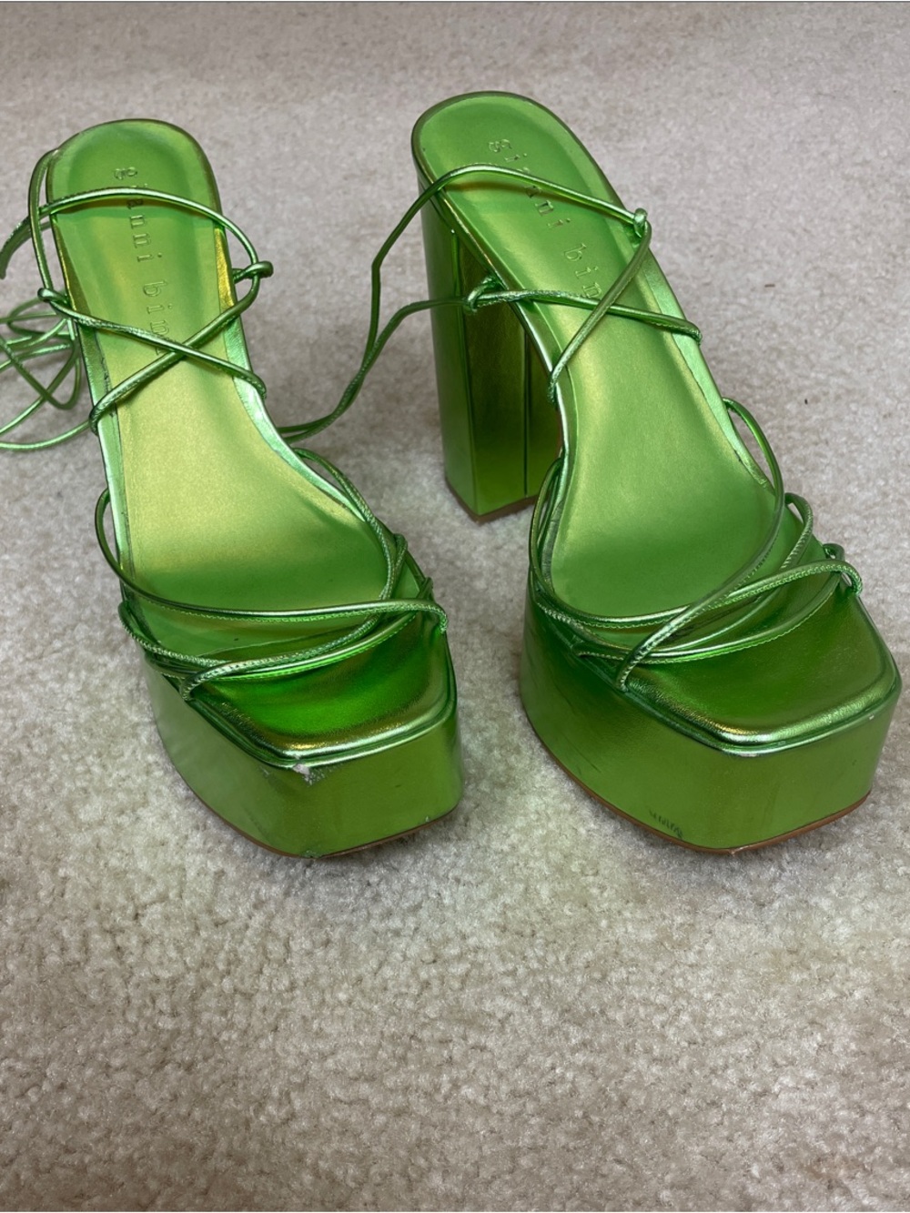 Gianni Bini “Rixey” Metallic Green Platform Ankle Wrap Lace-Up Heels